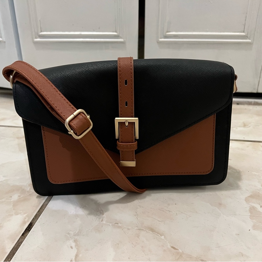 Colorblock brown & black handbag with new gold metal finish
